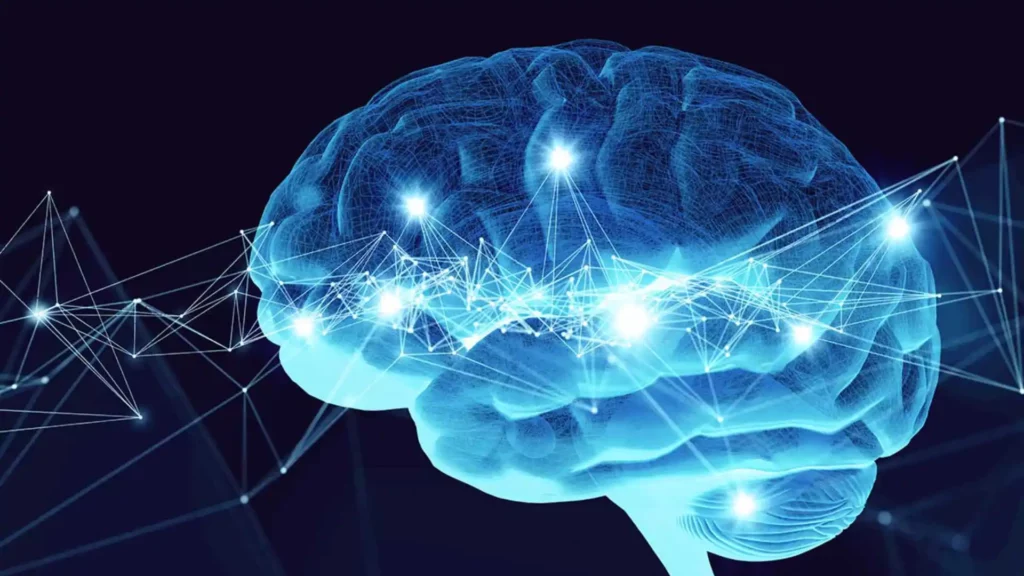 A imagem mostra um cérebro com luzes e linhas simulando neurônios.