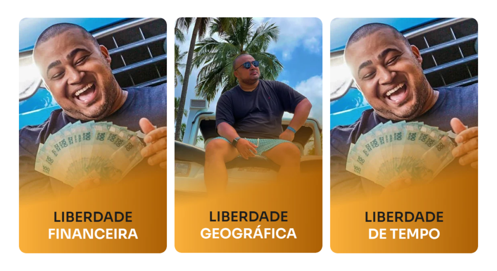Imagens do Thiago Barboza com frases como "Liberdade Financeira", "Liberdade Geográfica", "Liberdade de Tempo".